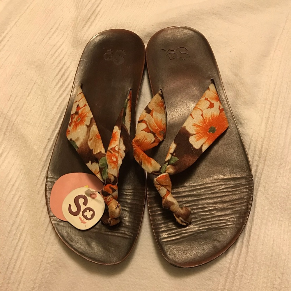 SO floral orange/yellow/brown print thong sandals